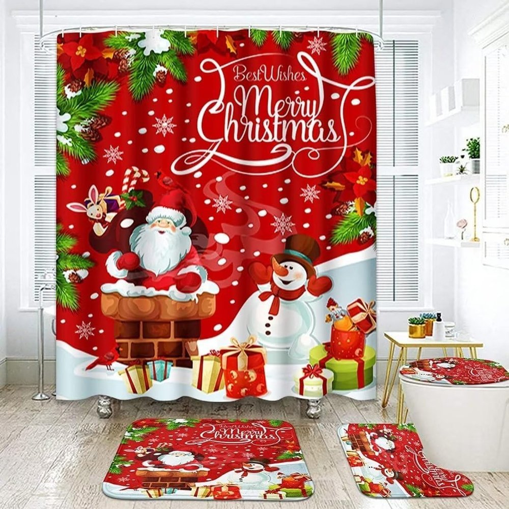 NBVKO 4PCS Merry Christmas Snowman Red Set Shower Curtain,with Non-Slip Rugs,Toilet Lid Cover and Bath Mat,Winter Bathroom Decor Accessory Set