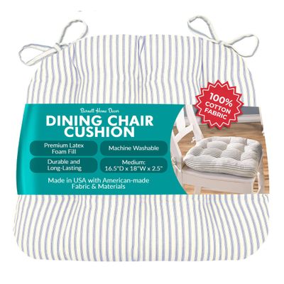 Barnett Home Decor Ticking Stripe Berlin Blue Dining Chair Pad with Ties - Size Medium Size 18 Chair Pad/Jumbo - Latex Foam Fill - Machine Washable, 100% Cotton, Made in USA (Light Blue)
