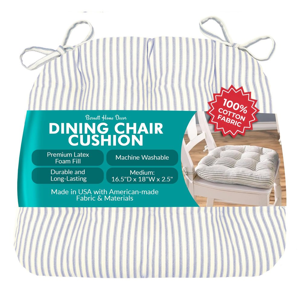 Barnett Home Decor Ticking Stripe Berlin Blue Dining Chair Pad with Ties - Size Medium Size 18 Chair Pad/Jumbo - Latex Foam Fill - Machine Washable, 100% Cotton, Made in USA (Light Blue)