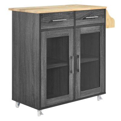 Modway Cuisine Rolling Kitchen Cart with Storage in Charcoal Natural - Portable Island for Kitchen with Spice Rack, Perfect as a Coffee Bar Cabinet, Butcher Block Island or Kitchen Island on Wheels