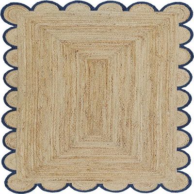 SanwariyaRugsExport Natural Jute Scalloped Rug Bohemian Rug Decor Rug Handwoven Rug Custom Rug Decorative Rug (NVBLU)-(3x8)