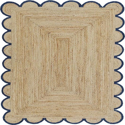 SanwariyaRugsExport Natural Jute Scalloped Rug Bohemian Rug Decor Rug Handwoven Rug Custom Rug Decorative Rug (NVBLU)-(3x8)