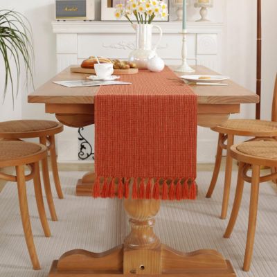13x72inch Tassel Bohemian Vintage Rustic Farmhouse Table Runner 72inches Long Dresser Scarf for Dining Kitchen Christmas Birthday Party, Orange