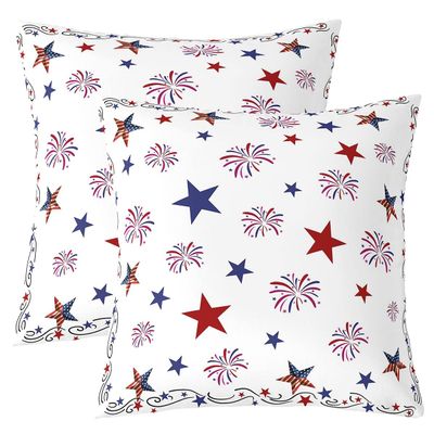 4th of July Throw Pillow Covers 16"x16" Set of 2 Soft Stars Firework Decorative Throw PillowCases for Sofa Room Decorative Independence Day Pillow Cases Cushion Covers Fireworks White Cushion Cases