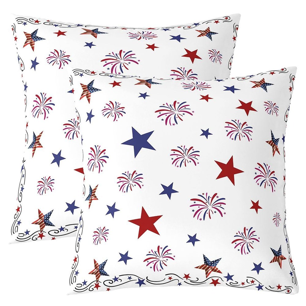 4th of July Throw Pillow Covers 16"x16" Set of 2 Soft Stars Firework Decorative Throw PillowCases for Sofa Room Decorative Independence Day Pillow Cases Cushion Covers Fireworks White Cushion Cases