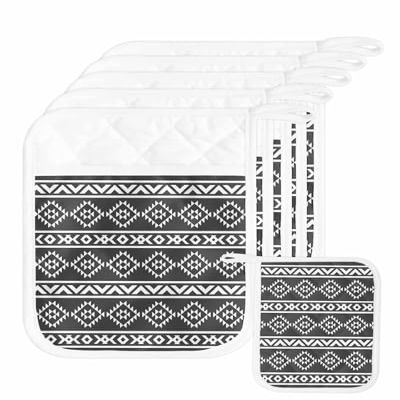 5 Pack Pot Holders, Grey Geometric Pot Holders for Kitchen with Pockets & Loops Heat Resistant Pot Holder Pad for Cooking Baking Microwave BBQ Ethnic White Modern Abstract Art Aesthetics