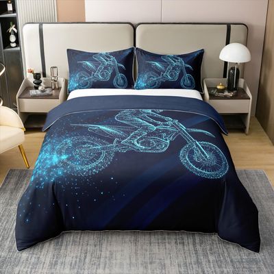 Teens Dirt Bike 100% Cotton Duvet Cover Queen Size, Motocross Rider Bedding Set, Motorbike Sport Comforter Cover for Kids Boys Adult, Motorcycle Extreme Sport Bedspread Cover Bedroom Decor, Blue