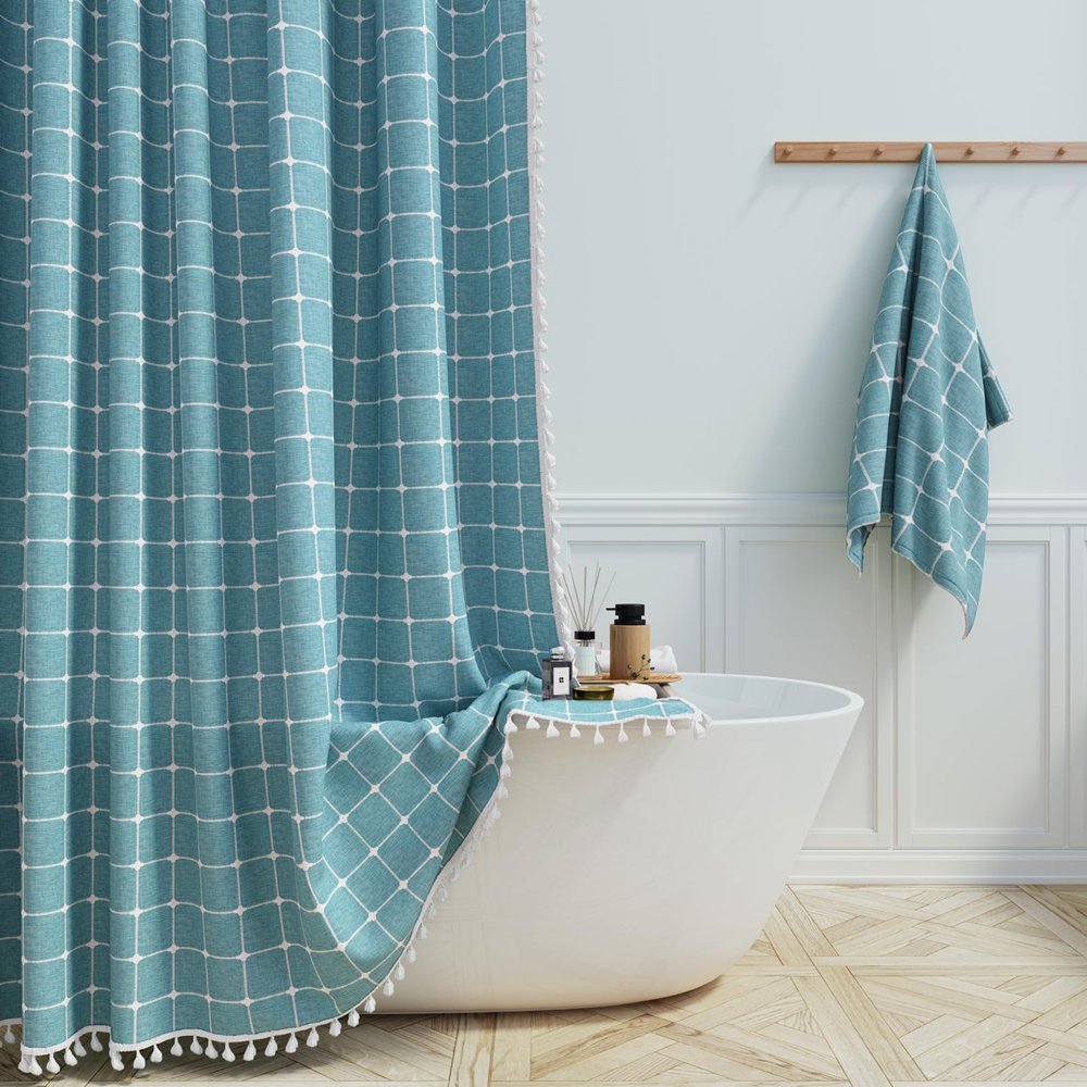 BTTN Extra Long Shower Curtain, 72x96 Inch Long Boho Chic Linen Fabric Heavy Duty Shower Curtain Set with Hooks, Tall Bohemian Farmhouse Shabby Chic Cloth Shower Curtains for Bathroom - Teal/Turquoise