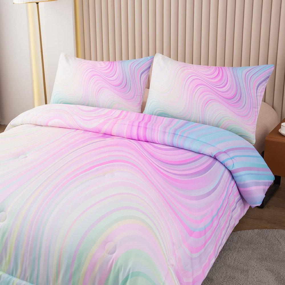 Bodhi Bed in A Bag for Kids Bedding Sets with Sheets,Pink Queen Size Comforter Set for Girls,Girls Bedding Sets 5 PCS (1 Comforter, 1 Flat Sheet, 1 Fitted Sheet, 2 Pillowcases)