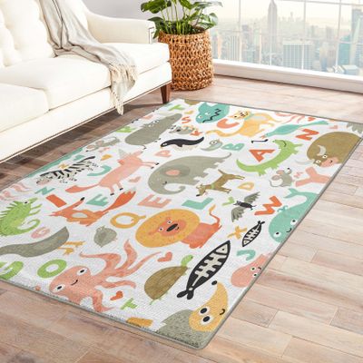 ZDABAOEC Kids Safari Alphabet Rug, 4x4 Rug, Educational ABC Area Rugs for Boys Girls Bedroom & Room Decor, Nursery Playroom Classroom Patterned Square Rug, Washable Non Slip Indoor Floor Carpet