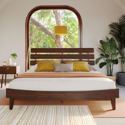 Bme Caden King Size Bed Frame and Adjustable Headboard, 15 Inch Mid Century Retro Style - Solid Acacia Wood - No Box Spring Needed - 12 Strong Wood Slat Support - Easy Assembly - Walnut