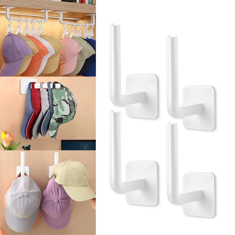 Hat Hooks for Wall Baseball Caps,4PCS Adhesive Hat Organizer for Baseball Caps,Hat Hanger Storage Cap Organizer, No Drilling Strong Hat Holder for Door, Closet, Bedroom,Office (White)
