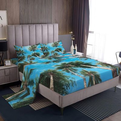 zcsm Palm Tree Sheets California King Size - Tropical Bed Sheets, Soft Microfiber & Deep Pocket & Wrinkle Free Patterned Bedding Sheets & Pillowcases, 1 Fitted Sheet, 1 Flat Sheet, 2 Pillow Cases