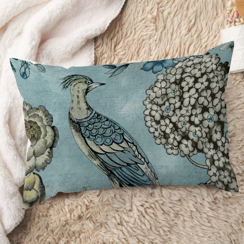 ArogGeld Aqua Blue Chinoiserie Bird Lumbar Pillow Covers Hydrangea Camellia and Peacock Decorative Cushion Covers Chinoiserie Farmhouse Toss Pillows for Sofa Couch Car Chair 12x20in White Flax
