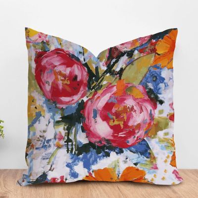 ArogGeld Bright Floral Pink Rose Colourful Farmhouse Cushion Covers Watercolor Rose Peony Flower Throw Pillow Cushion Oriental Toile Chinoiserie Double Side Pillow Sham 16x16in White Linen