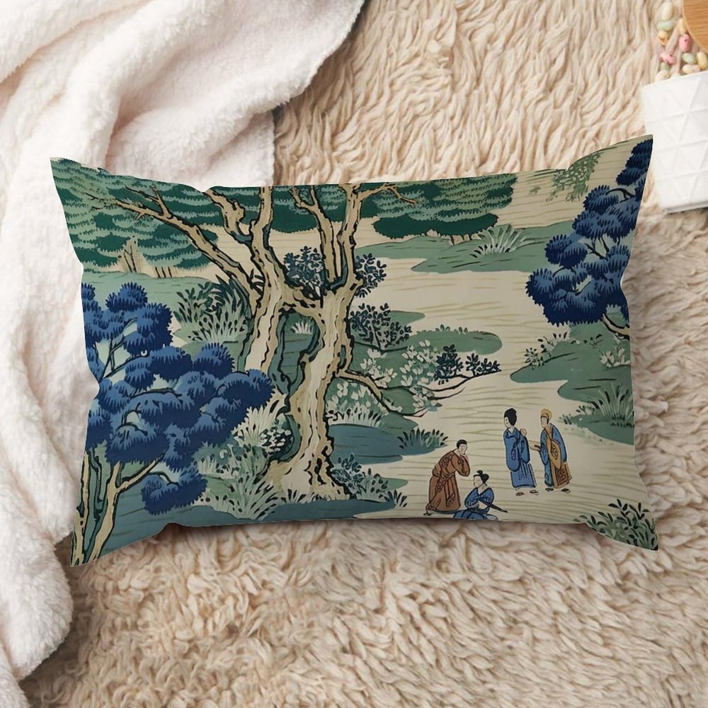 ArogGeld Blue and Green Scenic Chinoiserie Farmhouse Throw Pillow Asian Dynasty Garden White Linen Sofa Cushion Cover Japanese Chinoiserie Lumbar Pillow Cover Case for Sofa Chair 16x24in