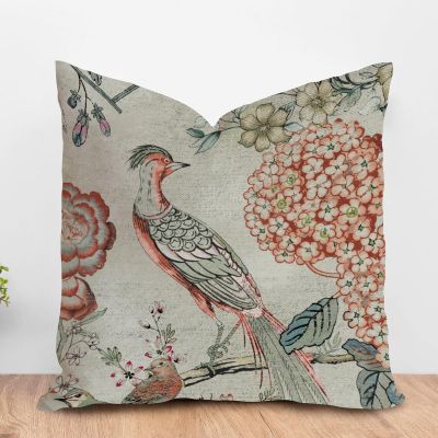 ArogGeld Orange Coral Chinoiserie Bird Throw Pillow Hydrangea Camellia and Peacock Decorative Throw Pillow Cushion Chinoiserie Style Farmhouse Pillowcase for Bedroom Sofa 20x20in White Flax