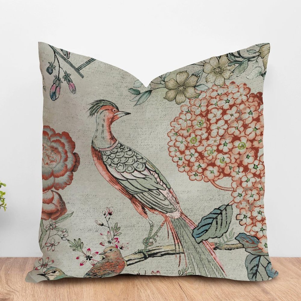ArogGeld Orange Coral Chinoiserie Bird Throw Pillow Hydrangea Camellia and Peacock Decorative Throw Pillow Cushion Chinoiserie Style Farmhouse Pillowcase for Bedroom Sofa 20x20in White Flax