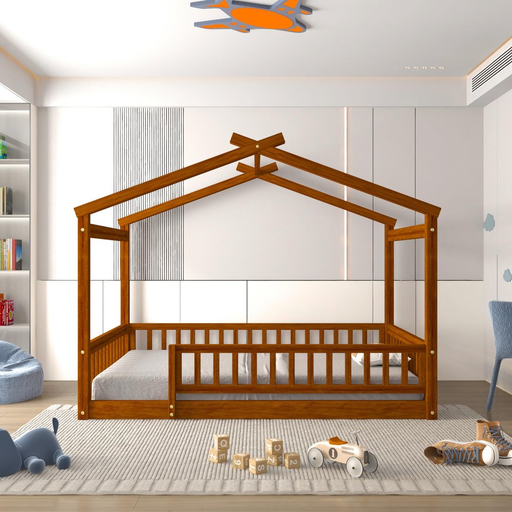 RUNNA Full Size Wood Bed House Bed Frame with Fence, for Kids, Teens, Girls, Boys, (Walnut-Thinck 4col)