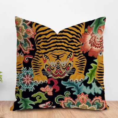 ArogGeld Animal Tiger Stripe Floral Farmhouse Cushion Covers Colorful Flower Animal Print Tiger Cushion Cover Chinoiserie Asian Double Side Throw Pillow Case for Sofa 24x24in White Linen