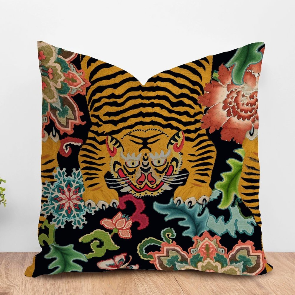 ArogGeld Animal Tiger Stripe Floral Farmhouse Cushion Covers Colorful Flower Animal Print Tiger Cushion Cover Chinoiserie Asian Double Side Throw Pillow Case for Sofa 24x24in White Linen