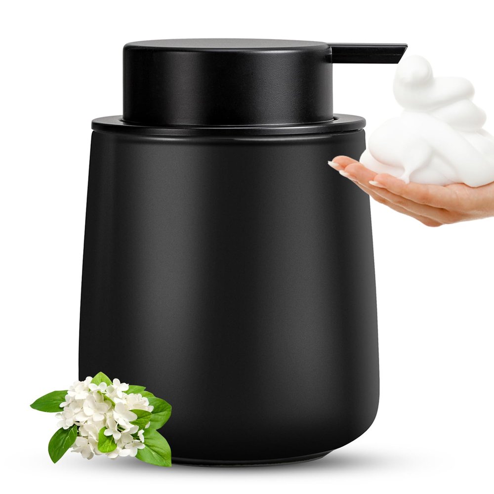 AZMOYAC Black Foaming Soap Dispenser - Modern Ceramic Foam Hand Soap Dispenser Bathroom, 12 Oz Facial Cleanser Dispenser Bottle with Foam Pump, Refillable Wash Dish Dispenser for Kitchen