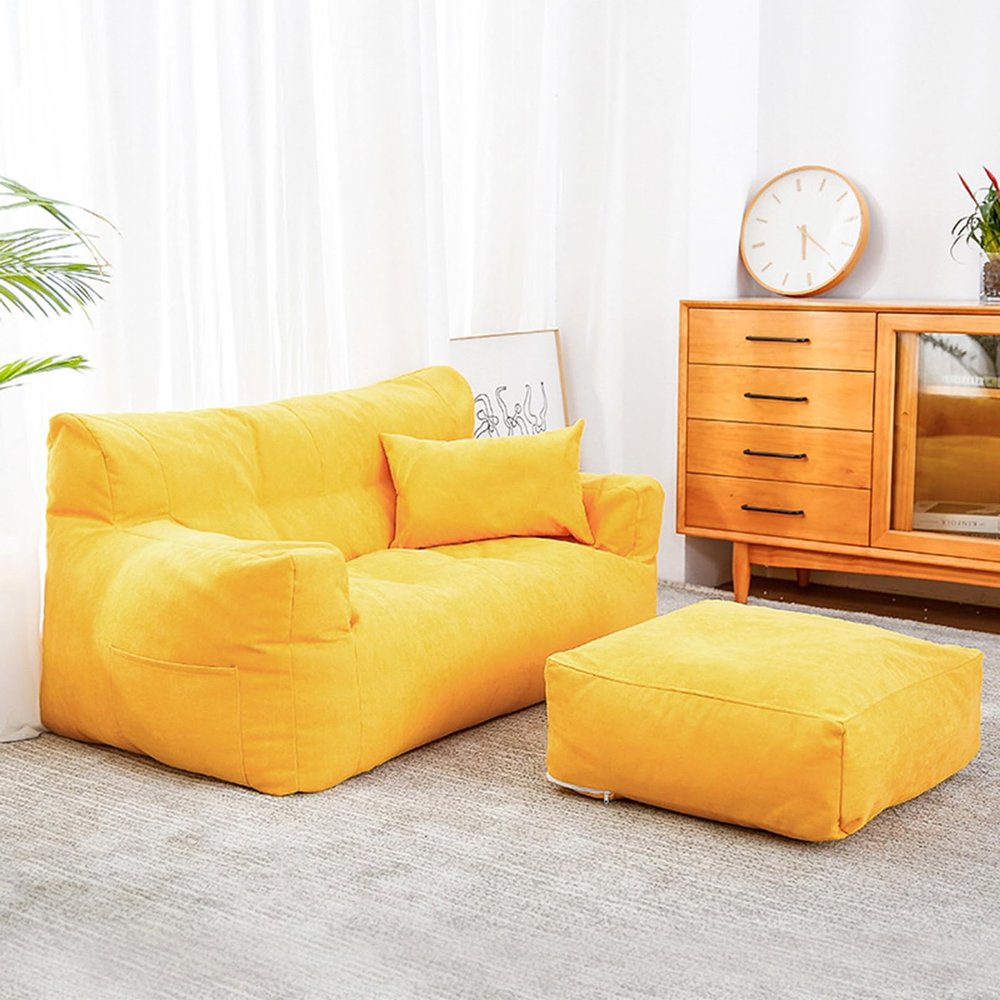DESHVA Giant Bean Bag Cover, Lazy Lounger Bean Bag Storage Chair Cover Stuffed Animal Storage for Organizing Children Plush Toys or Memory Foam Extra Large 115x74x63cm,Yellow