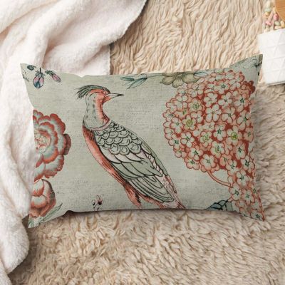 ArogGeld Hydrangea Camellia and Peacock Farmhouse Sofa Lumbar Pillowcase Orange Coral Chinoiserie Bird White Linen Lumbar Throw Pillow Chinoiserie Style Pillowcases for Living Room 16x24in