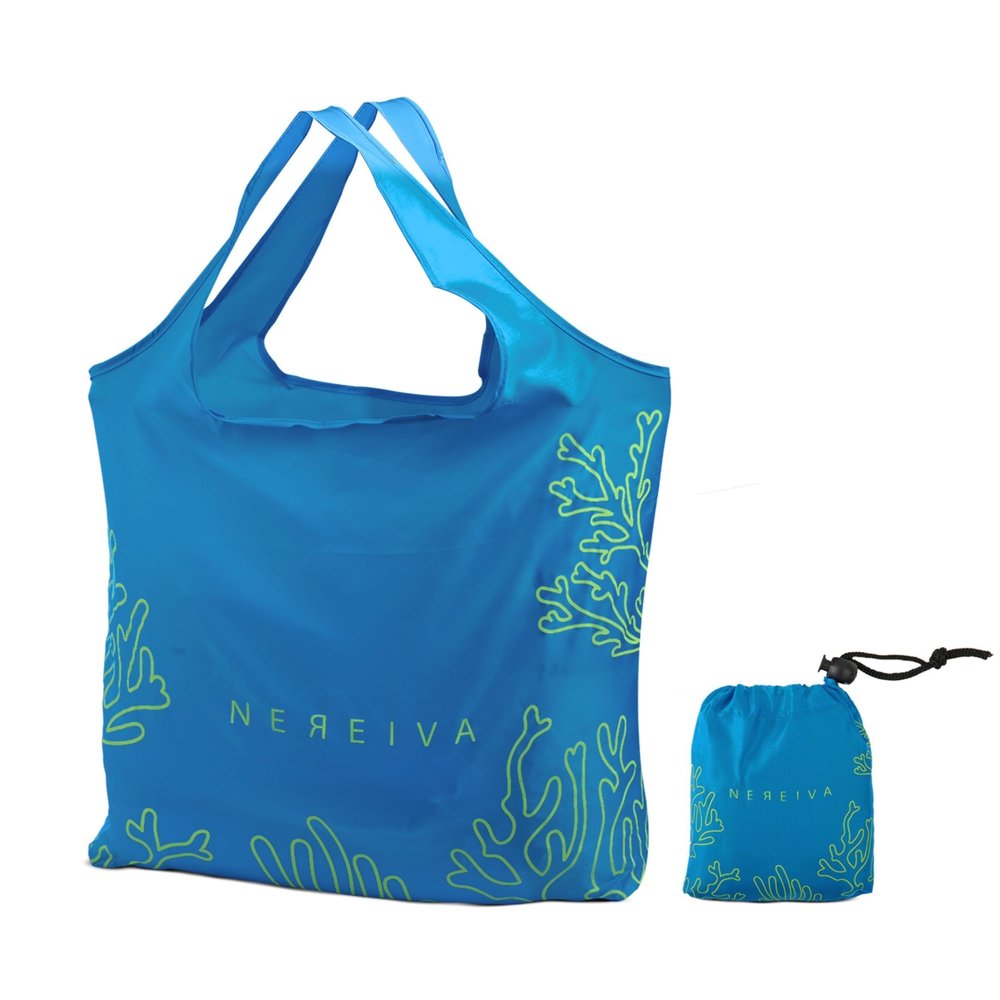 Nereiva 55 Pound Reusable Shopping Bag Ocean Blue - Foldable into a Small Pouch - Washable Reusable Grocery Bag, Durable & Stylish with handles for Easy Shoulder or Hand Carry