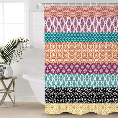Shower Curtains for Bathroom, Boho Geometric Floral Stripe Ethnic Purple Orange Black Shower Curtain Set Polyester Waterproof Bath Curtain with Hooks for Home Hotel Apartment Farmhouse 72x96 inch