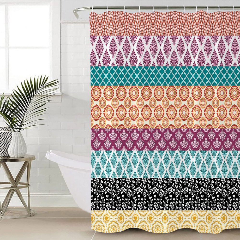 Shower Curtains for Bathroom, Boho Geometric Floral Stripe Ethnic Purple Orange Black Shower Curtain Set Polyester Waterproof Bath Curtain with Hooks for Home Hotel Apartment Farmhouse 72x96 inch