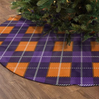 Christmas Tree Skirt Halloween Purple Yellow Lattice GinghamTree Skirts Ornaments Large Size for Home Decoration, Party, Indoor Outdoor, 4ft/48Inch