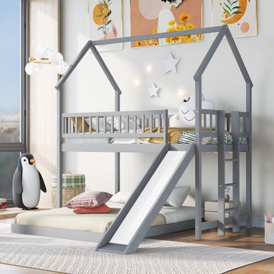 JIVOIT L-Shape House Bunk Bed with Slide and Built-in Ladder, Twin Over Full Bunk Bed with Full-Length Guardrail, House Roof Design Bunk Bed for Kids Teens, No Box Spring Needed (Gray 041)