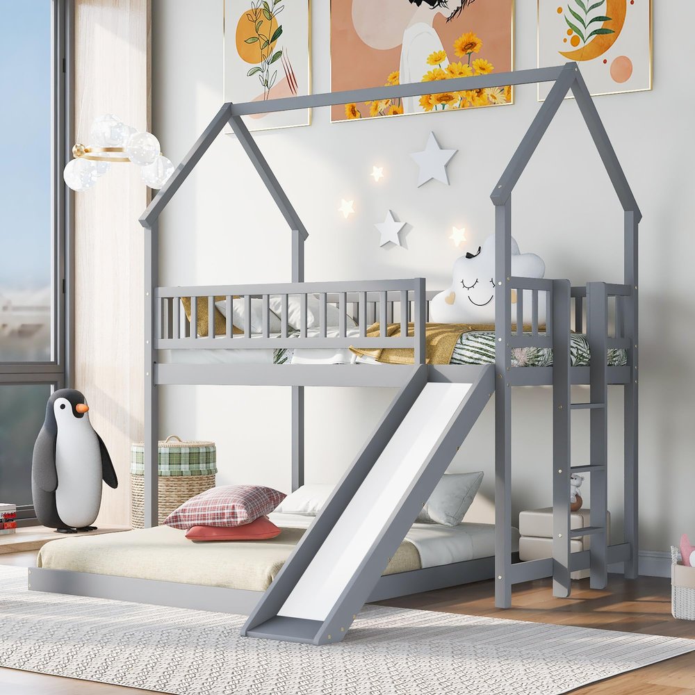 JIVOIT L-Shape House Bunk Bed with Slide and Built-in Ladder, Twin Over Full Bunk Bed with Full-Length Guardrail, House Roof Design Bunk Bed for Kids Teens, No Box Spring Needed (Gray 041)