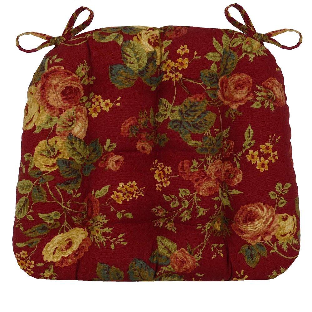 Barnett Home Decor Dining Chair Pad with Ties Bethany Red Floral - Size Small 15 x 17 Chair Cushion - Latex Foam Fill - Tufted Seat Cushion