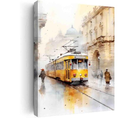 Tram Urban Landscape Wall Art,Balkan Streets,Bosnia,Sarajevo,Zagreb,Boheme,Belgrade,Watercolor Art Print For Office Living Room Wall Art Bedroom Wall Art Stretched~12"X16" Canvas Print With Frame