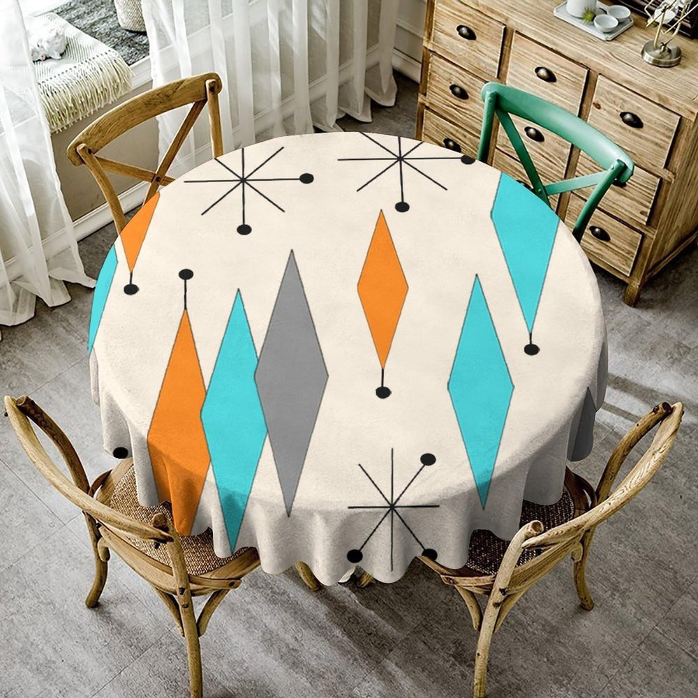 1950s Boho Tablecloth, Mid Century Modern Geometric Atomic Shapes Orange Blue Pattern Table Cloth for Kitchen Holiday Dinner Hotel Restaurant, Round(50x50in)