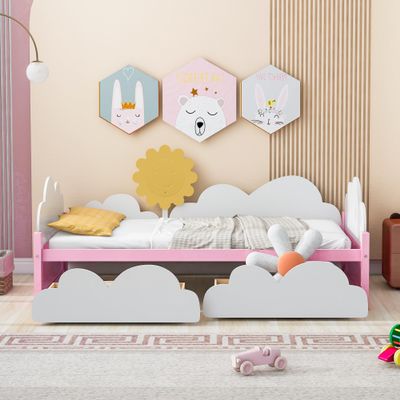 RUNNA Twin Size Bed with Clouds and Sunflower Decor, Platform Bed with 2 Drawers for Girls Teens Boys for Bed Room Guest Room (Pink-Flower Bed)
