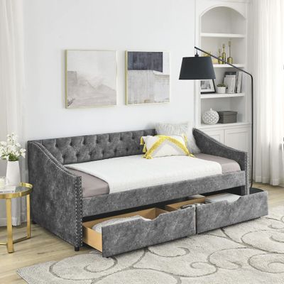 Daybed with Storage, Twin Daybed Upholstered Daybed with Drawers, Twin Size Upholstered Sofa Bed with Storage, No Box Spring Needed, Daybed for Bedroom, Living Room, Guest Room, Grey