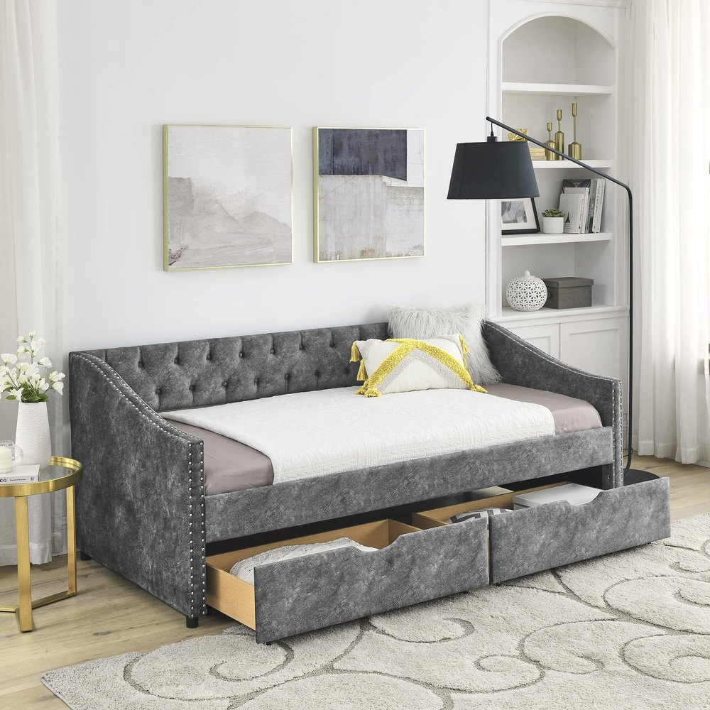 Daybed with Storage, Twin Daybed Upholstered Daybed with Drawers, Twin Size Upholstered Sofa Bed with Storage, No Box Spring Needed, Daybed for Bedroom, Living Room, Guest Room, Grey