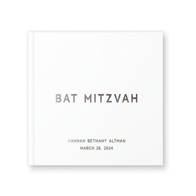 Bat Mitzvah Guest Book Jewish Ceremony Celebration Idea, Photo Booth Album Book, Custom Gift with Foil - White Silver (10x8)