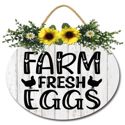 Sokomurg Farm Fresh Eggs Wood Sign 11'' Funny Farm Sign Rustic Round Wooden Farmhouse Wreath Wall Decor for Store Market Country Barn Supermarket Outdoor Decor,Vintage Farmhouse Kitchen Wall Decor,Hen House Rustic Accessories