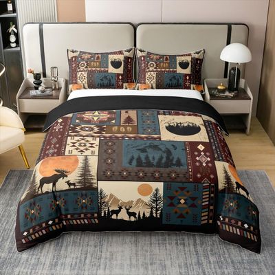 100% Cotton Bohemian Deer Comforter Cover Twin, Bear Wildlife Hunting Theme Duvet Cover, Cabin Decor Buffalo Plaid Grid Bedding Set for Kids Teens, Retro Xmas Pine Tree Geometric Quilt Cover, 2Pcs