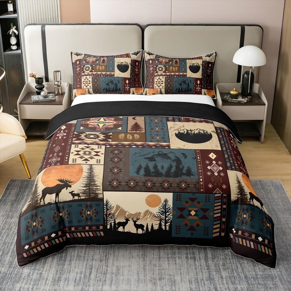 100% Cotton Bohemian Deer Comforter Cover Twin, Bear Wildlife Hunting Theme Duvet Cover, Cabin Decor Buffalo Plaid Grid Bedding Set for Kids Teens, Retro Xmas Pine Tree Geometric Quilt Cover, 2Pcs
