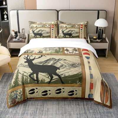 100% Cotton Farmhouse Lake House Decor Duvet Cover Queen, Rustic Hunting Deer Comforter Cover for Kids Boys Girls Teens, Retro Wild Animals Bedding, Woodland Pine Tree Paddle Plaid Decor Quilt Cover