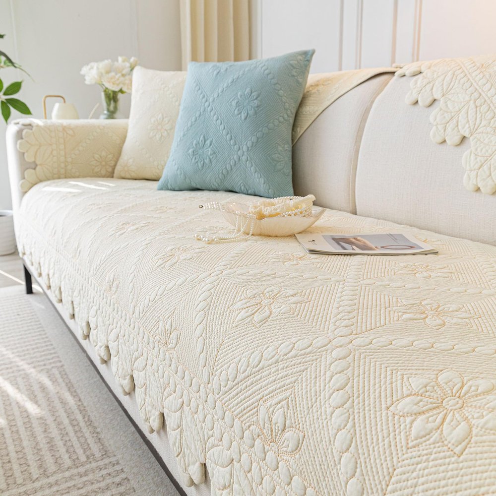 vctops Farmhouse 100% Cotton Quilted Couch Cover Floral Embroidered Sofa Cover Non-Slip Soft Sofa Slipcover Washable Furniture Protector (Cream,43"x43")