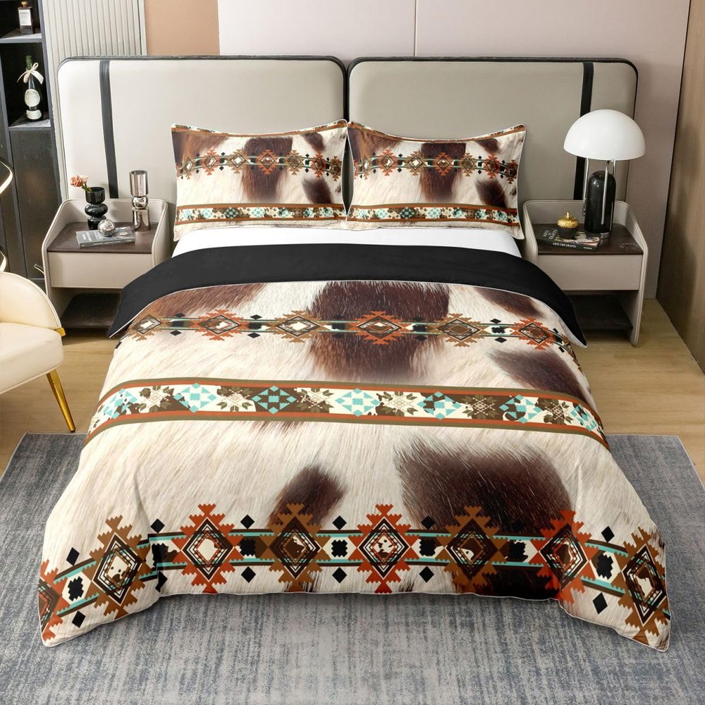 100% Cotton Cowhide Comforter Cover Brown Highland Cow Print Duvet Cover,Western Bedding Set Exotic Aztec King Bed Set,Farmhouse Wild Animals Longhorn Skin Room Decor Cowboys Gifts for Men