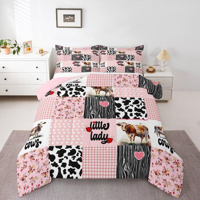Milk Cow Comforter Set Girls Pink Room Decor,Checked Buffalo Plaid Cow Print Western Bedding Set King,Farmhouse Wild Animals Patchwork Cowhide Down Comforter,Rustic Flower Love Heart Duvet Insert