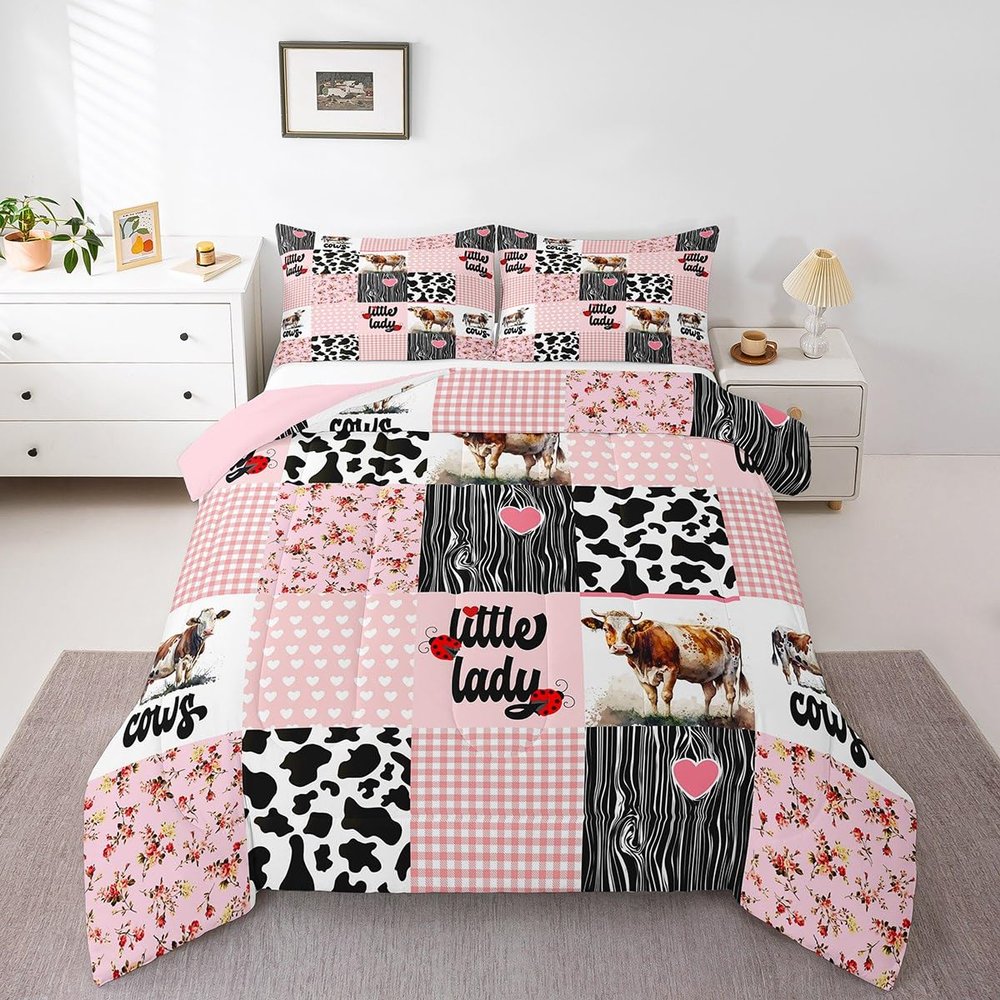 Milk Cow Comforter Set Girls Pink Room Decor,Checked Buffalo Plaid Cow Print Western Bedding Set King,Farmhouse Wild Animals Patchwork Cowhide Down Comforter,Rustic Flower Love Heart Duvet Insert