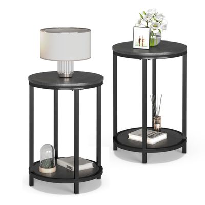 NSdirect Round Side Table Set of 2,16in Rustic Wooden End Table Surface Top & Sturdy Metal Legs Nightstand for Living Room Bedroom Farmhouse Sofa Table with Storage Open Shelf,Black